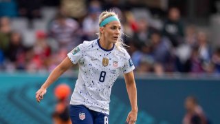 Julie Ertz #8 of the United States dribbles during a FIFA World Cup Group Stage game between Vietnam and USWNT at Eden Park on July 22, 2023 in Auckland, New Zealand.