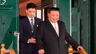 In this photo taken from video released by governor of the Russian far eastern region of Primorsky Krai Oleg Kozhemyako telegram channel on Tuesday, Sept. 12, 2023, North Korea’s leader Kim Jong Un, right, steps down from his train after crossing the border to Russia at Khasan, about 127 km (79 miles) south of Vladivostok.