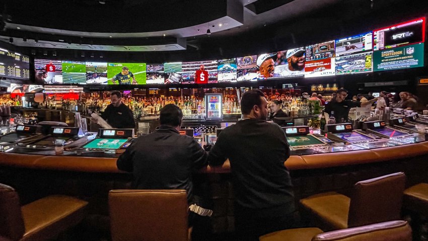 Gamblers flow into Caesars Sports Book at Caesars Palace Hotel & Casino to watch and bet on the Kansas City Chiefs vs Philadelphia Eagles in the National Football League’s Super Bowl LVII (which took place in Glendale, Ariz.) as viewed on Feb. 12, 2023 in Las Vegas, Nevada. Las Vegas will play host to the NFL’s Super Bowl LVIII, taking place next year at the recently constructed Allegiant Stadium, home of the Las Vegas Raiders.