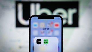 The Uber app application with a map of New York City is seen on an Apple iPhone mobile phone in this photo illustration Warsaw, Poland on 21 September, 2022. (Photo by STR/NurPhoto via Getty Images)