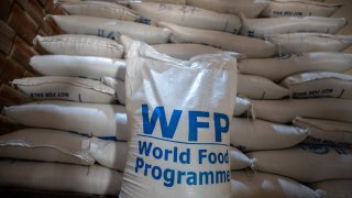 File. 12 April 2023, Niger, Niamey: A sack of flour stands in the warehouse of the UN World Food Program in Niamey. The German Minister for Economic Cooperation and Development, Schulze, and Defense Minister Pistorius visited the warehouse.