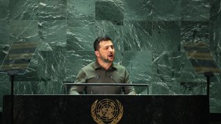 President of Ukraine Volodymyr Zelensky speaks during the United Nations General Assembly (UNGA) at the United Nations headquarters on September 19, 2023 in New York City.