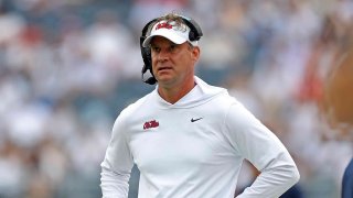 Head coach Lane Kiffin of the Mississippi Rebels looks on during the first half against the Mercer Bears at Vaught-Hemingway Stadium on Sept. 2, 2023, in Oxford, Miss.