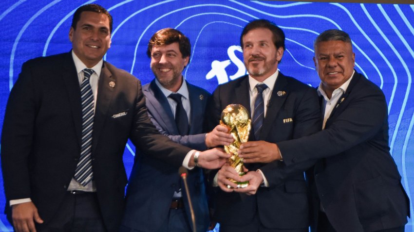 Paraguayan Football Association President Robert Harrison, Uruguayan Football Association President Ignacio Alonso, Conmebol President Alejandro Dominguez and Argentine Football Association President Claudio Tapia hold a replica of the World Cup trophy after announcing in a press conference in Luque, Paraguay, on October 4, 2023, that the “inaugural matches” of the 2030 World Cup will be played in Uruguay, Argentina and Paraguay, as it emerged that the host country for the tournament will be shared between Spain, Portugal and Morocco. Morocco, Portugal and Spain will be joint hosts for the 2030 World Cup but games will also be played in Uruguay, Argentina and Paraguay, FIFA announced on Oct. 4. FIFA said in a statement that the matches in South America were part of the celebration of the centenary of the first World Cup in Uruguay. The statement said a “centenary ceremony” will be held “at the stadium where it all began”, in Montevideo’s Estadio Centenario in 1930.