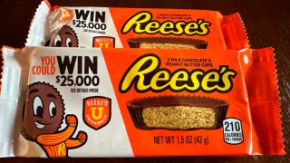 Two packages of Reese's candy featuring a sweepstakes ad