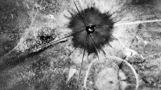 This photo shows an aerial view after the first atomic explosion at the Trinity Test Site near Alamogordo, N.M., on July 16, 1945.