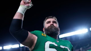 Philadelphia Eagles center Jason Kelce (62) gestures as he leaves the field after an NFL football game against the Miami Dolphins on Sunday, Oct. 22, 2023, in Philadelphia.