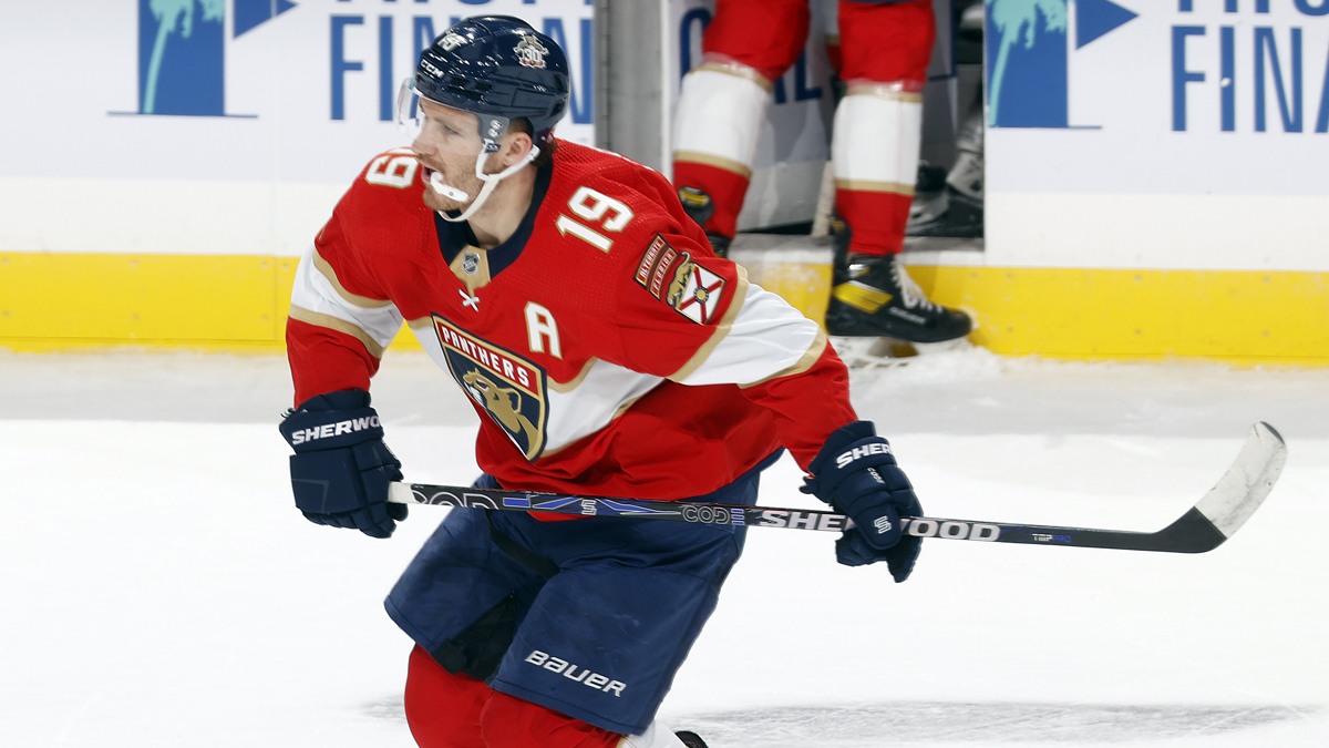 Aaron Ekblad of the Florida Panthers reacts after his shot from