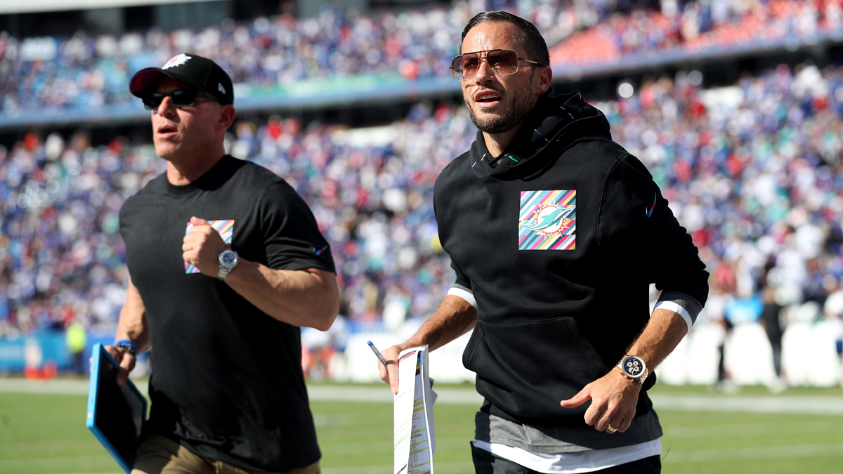 Miami Dolphins head coach Mike McDaniel looks almost