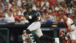 PHILADELPHIA, PENNSYLVANIA – OCTOBER 04: Jorge Soler #12 of the Miami Marlins hits a single during the seventh inning against the Philadelphia Phillies in Game Two of the Wild Card Series at Citizens Bank Park on October 04, 2023 in Philadelphia, Pennsylvania.