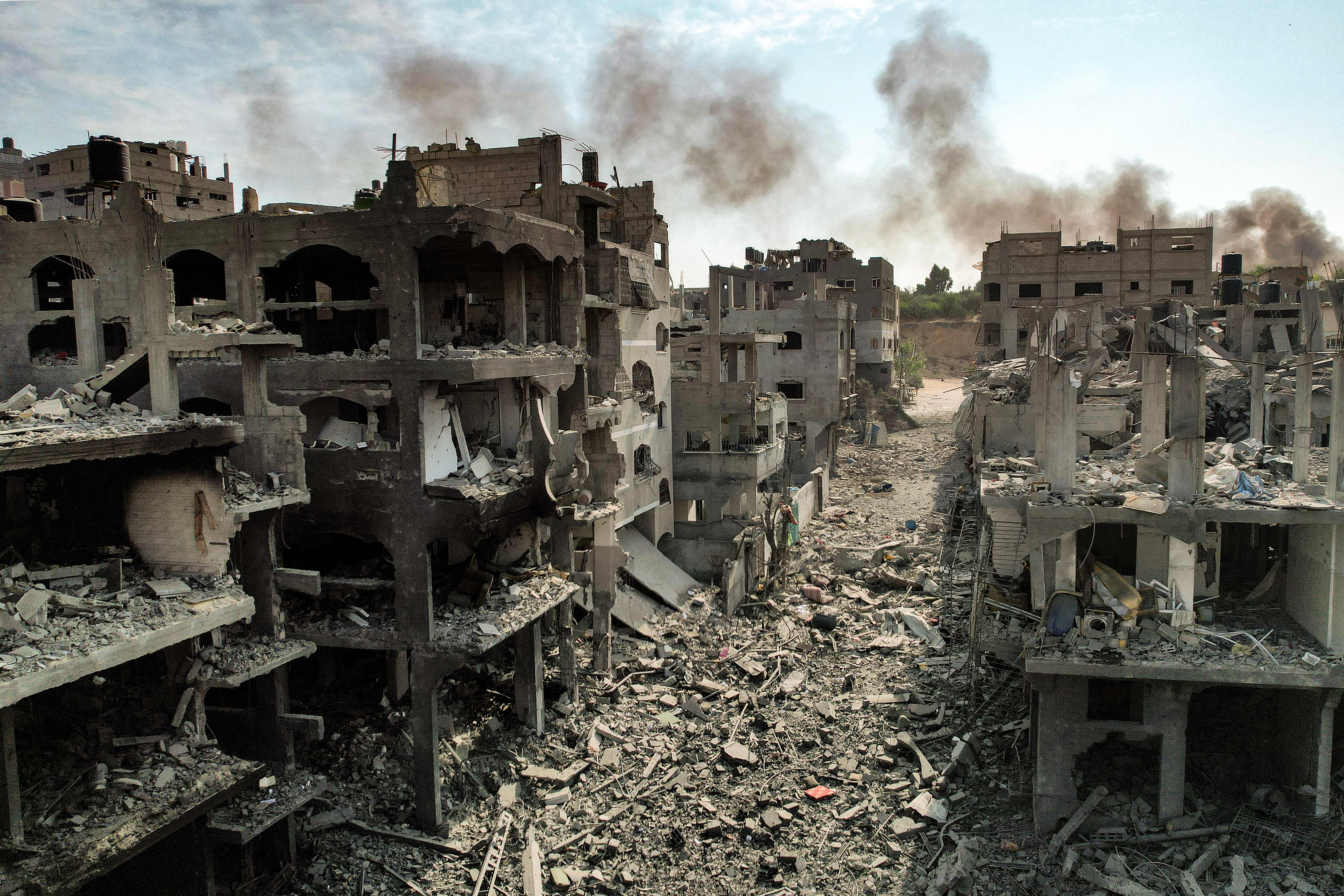 This picture taken on Oct. 11, 2023 shows an aerial view of buildings destroyed by Israeli air strikes in the Jabalia camp for Palestinian refugees in Gaza City.