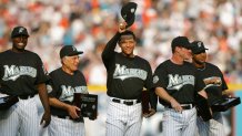 MIAMI - APRIL 10:  (L-R) Dontrelle Willis #35, Manager Jack McKeon #15, Miguel Cabrera #24, Jeff Conine #18 and Alex Gonzalez #11 of the Florida Marlins smile and acknowledge the fans after receiving their 2003 World Series Championship rings prior to the game against the Philadelphia Phillies at Pro Player Stadium on April 10, 2004 in Miami, Florida. The Marlins won 5-3.  (Photo by Victor Baldizon/Getty Images)