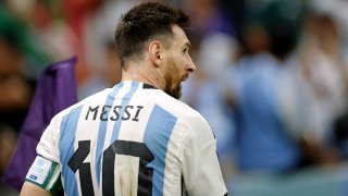 Argentina forward Lionel Messi (10) looks on against Mexico during the first half of a group stage match during the 2022 World Cup at Lusail Stadium.