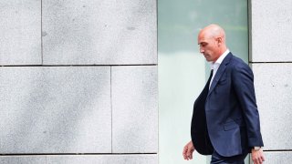 Luis Rubiales, former president of the Spanish football federation, leaves the Audiencia Nacional court after declaring before the judge in the case relating to his kiss of national team player Jenni Hermoso.