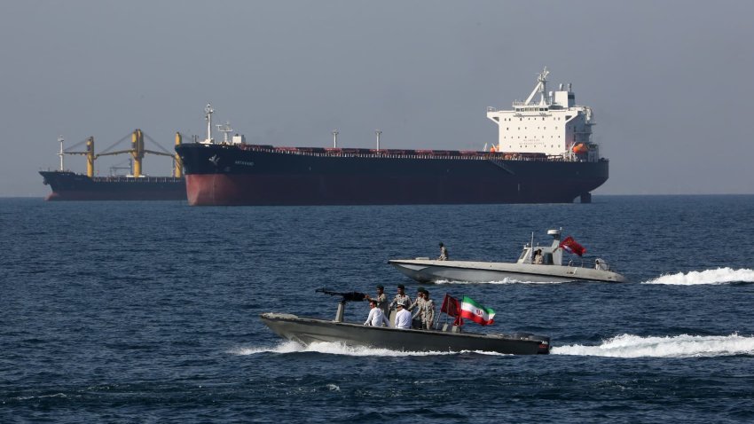 Tankers depicted in the Strait of Hormuz — a strategically important waterway which separates Iran, Oman and the United Arab Emirates.