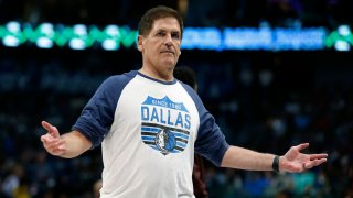 Dallas Mavericks owner Mark Cuban reacts during a timeout in the game against the Golden State Warriors at American Airlines Center on March 22, 2023 in Dallas, Texas.