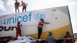 An aid convoy truck loaded with supplies is seen at the Rafah border crossing between Egypt and the Gaza Strip. 