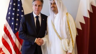 U.S. Secretary of State Antony Blinken meets with Qatari Prime Minister and Minister of Foreign Affairs Sheikh Mohammed bin Abdulrahman bin Jassim Al-Thani in Amman, Jordan, Saturday, Nov. 4, 2023.