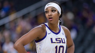 Angel Reese of the LSU Lady Tigers is seen during the game against the Colorado Buffaloes in the Naismith Hall of Fame Series at T-Mobile Arena on Nov. 6, 2023, in Las Vegas.
