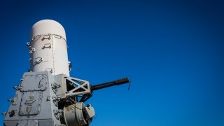 FILE - A 20mm Phalanx CIWS weapons defense cannon is mounted on the U.S. Navy destroyer USS Gravely on March 14, 2023. The U.S. military said Sunday Dec. 31, 2023 it shot down two anti-ship ballistic missiles fired toward a container ship by Yemen’s Houthi rebels in the Red Sea. A contract-embarked security team on the ship returned fire, the central command said. U.S. helicopters from the USS Dwight D. Eisenhower aircraft carrier and GRAVELY responded to the distress call and while issuing verbal warnings to the attackers, the small boat crews opened fire on the helicopters using small arms, the statement said.