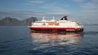 Hurtigruten Coastal Express ferry ship 'Richard With' at sea, Lofoten Islands, Nordland, Norway