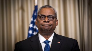 U.S. Secretary of Defense Lloyd Austin speaks to the media after a meeting of the Ukraine Defense Contact Group at Ramstein Air Base in Ramstein-Miesenbach, Germany, April 21, 2023.