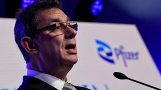 Pfizer CEO Albert Bourla talks during a press conference with European Commission President Ursula von der Leyen after a visit to oversee the production of the Pfizer-BioNtech COVID-19 vaccine at the factory of U.S. pharmaceutical company Pfizer in Puurs, Belgium April 23, 2021.