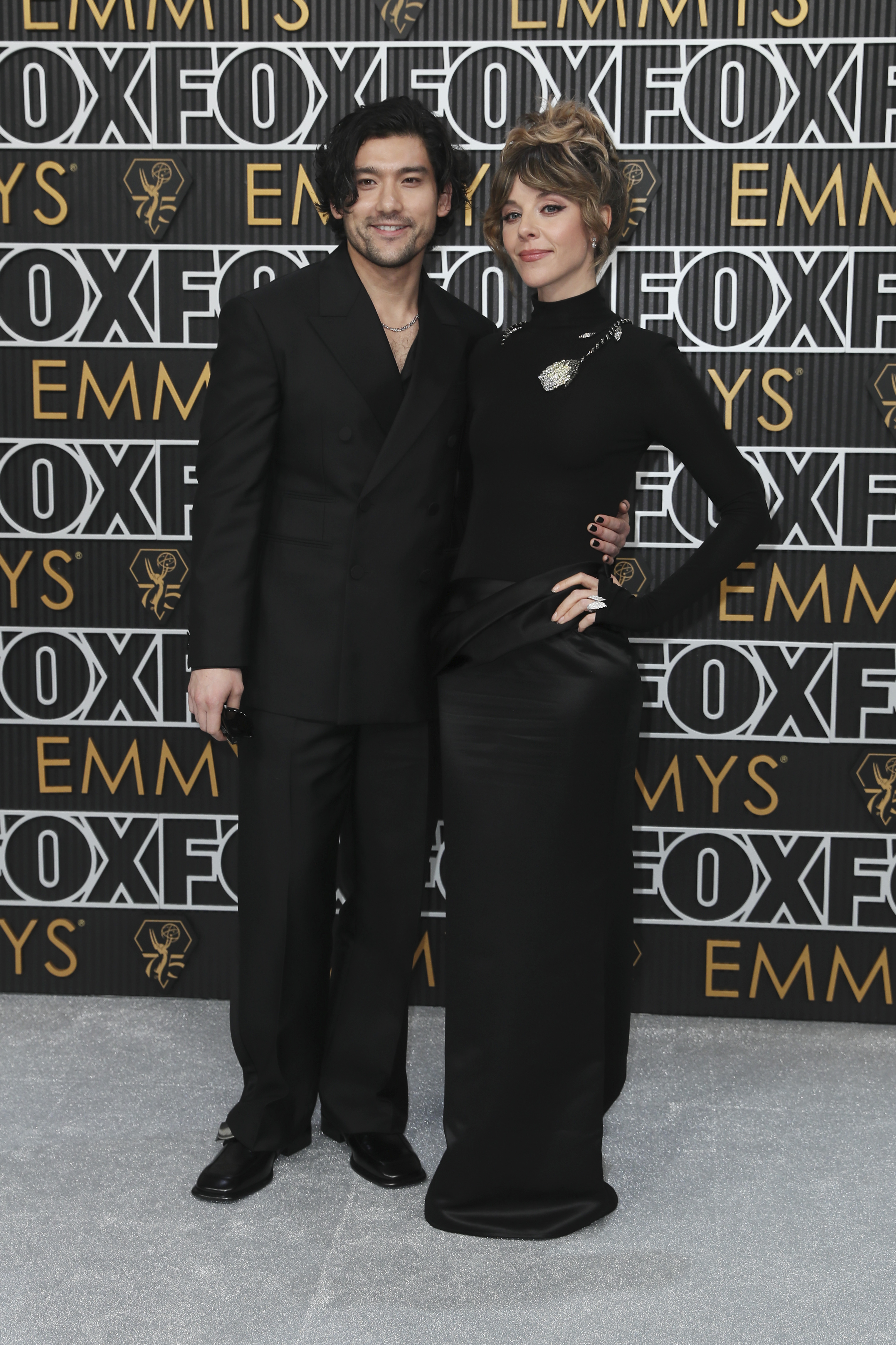 Will Sharpe, left, and Sophia Di Martino pose for a Red Carpet portrait at the 75th Emmy Awards on Monday, Jan. 15, 2024 at the Peacock Theater in Los Angeles. (Photo by Danny Moloshok/Invision for the Television Academy/AP Images)