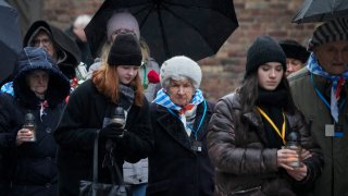 File. Holocaust survivors and relatives arrive at the Auschwitz Nazi death camp in Oswiecim, Poland, Saturday, Jan. 27, 2024. Survivors of Nazi death camps marked the 79th anniversary of the liberation of the Auschwitz-Birkenau camp during World War II in a modest ceremony in southern Poland.