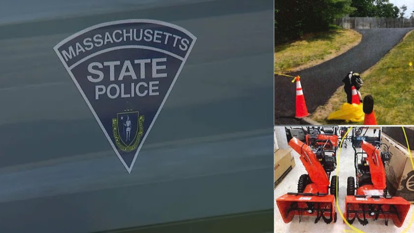 At left, a file image of the Massachusetts State Police badge. At right are images from a federal indictment of current and former troopers showing gifts they allegedly received (a re-paved driveway and a snowblower) in a commercial drivers license bribery scam.