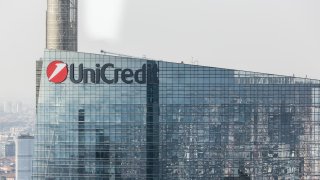 The logo of Italian international banking group UniCredit stands on the facade of the group headquarters, located in the Porta Nuova district, as seen from the viewpoint of Palazzo Lombardia on September 29, 2023 in Milan, Italy.
