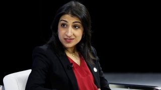 Federal Trade Commission Chair Lina Khan speaks during the New York Times annual DealBook Summit in New York City on Nov. 29, 2023.