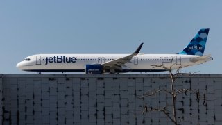 A JetBlue Airways plane prepares to take off from the Fort Lauderdale-Hollywood International Airport in Fort Lauderdale, Florida, on Jan. 31, 2024.