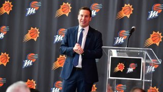 Mat Ishbia, majority owner of the NBA’s Phoenix Suns, talks to the media during his introductory press conference at the Footprint Center in Phoenix, Arizona, on Feb. 8, 2023.