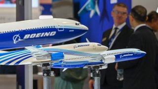 Miniature models of Boeing commercial airplanes displayed at the Singapore Airshow in Singapore on February 20, 2024.