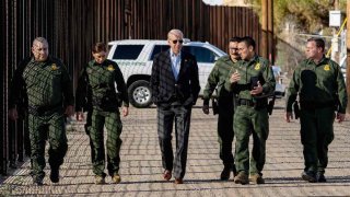 U.S. President Joe Biden speaks with US Customs and Border Protection officers as he visits the US-Mexico border in El Paso, Texas, on January 8, 2023.