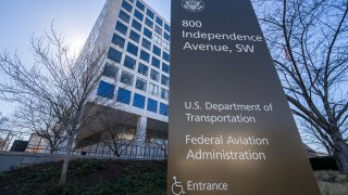 WASHINGTON, DC - FEBRUARY 09: Sunlight reflects off of the sign marking the location of the Federal Aviation Administration (FAA) headquarters on February 9, 2024, in Washington, DC.