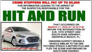 Authorities are searching for a driver responsible for a hit-and-run in Deerfield Beach that left a motorcyclist hospitalized with life-threatening injuries.