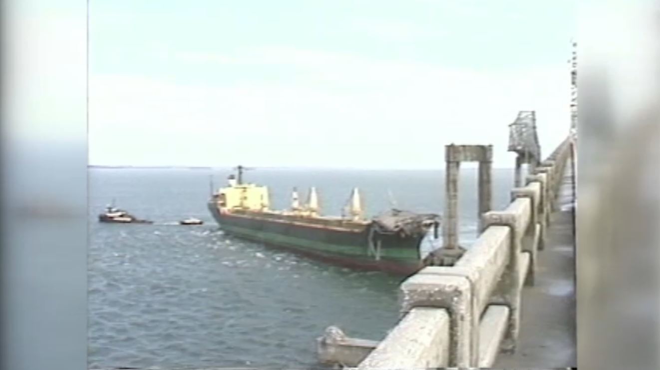 A freighter was damaged after it crashed into the Sunshine Skyway Bridge in the Tampa Bay area on May 9, 1980. 