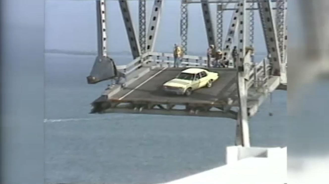 A car sits inches away from the edge of the Skyway Sunshine Bridge in Tampa Bay that was ripped off after a freighter crashed into the bridge in the early hours of the morning on May 9, 1980. 