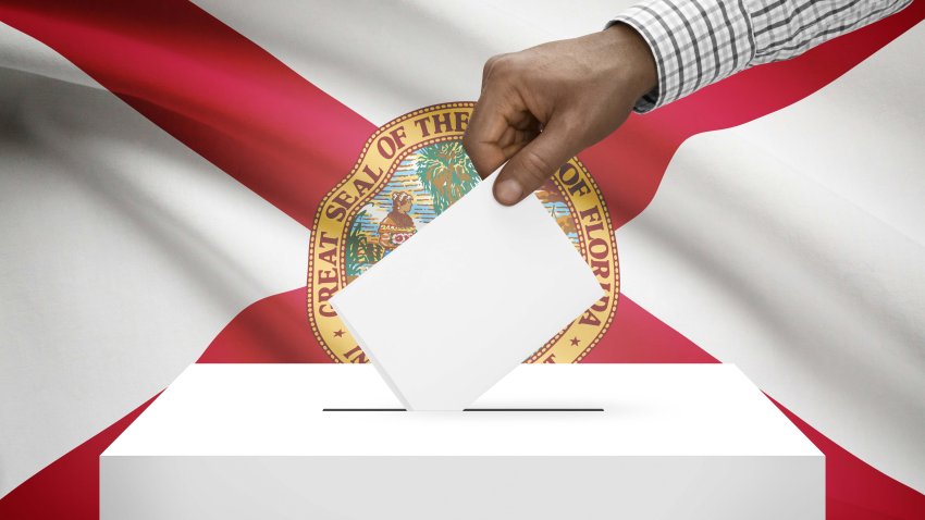 Voting concept – Ballot box with US state flag on background – Florida