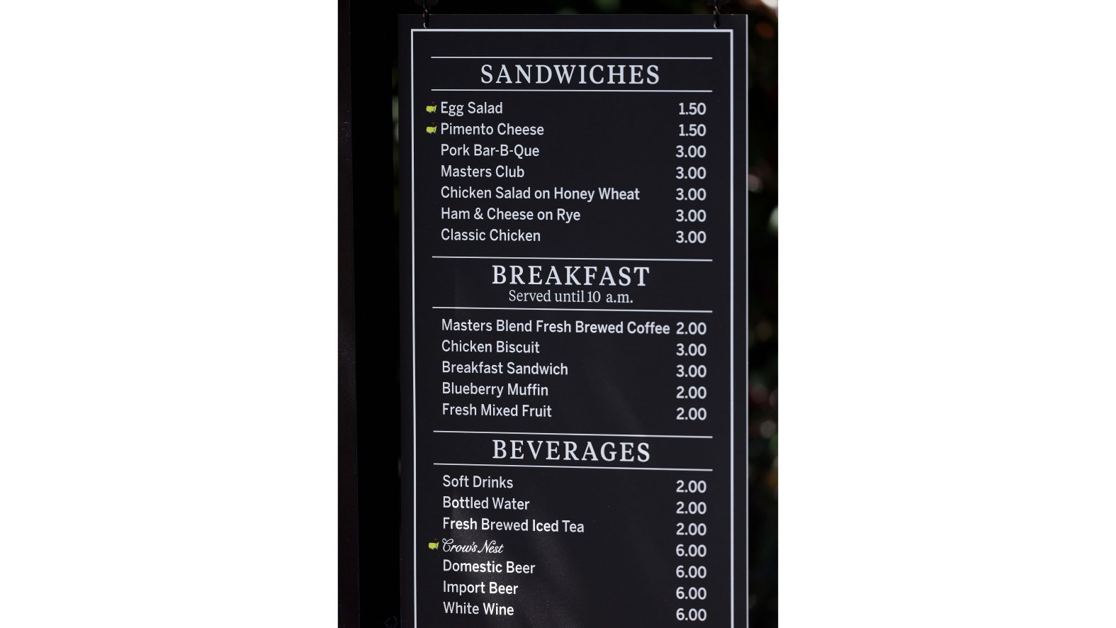 2025 Masters concession prices for pimento cheese, egg salad NBC 6