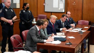 FILE – Former President Donald Trump, center, appears in court for his arraignment, Tuesday, April 4, 2023, in New York.