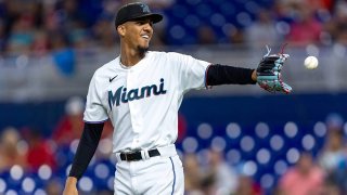 Miami Marlins pitcher Eury Perez reacts after a pitch during the second inning gainst the St. Louis Cardinals at loanDepot park on July 6, 2023, in Miami. (D.A. Varela/Miami Herald/Tribune News Service via Getty Images)