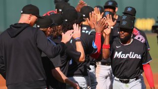 ST LOUIS, MISSOURI – APRIL 7: Vidal Bruján #17 of the Miami Marlins celebrates with teammates after beating the St. Louis Cardinals at Busch Stadium on April 7, 2024 in St Louis, Missouri. (Photo by Dilip Vishwanat/Getty Images)