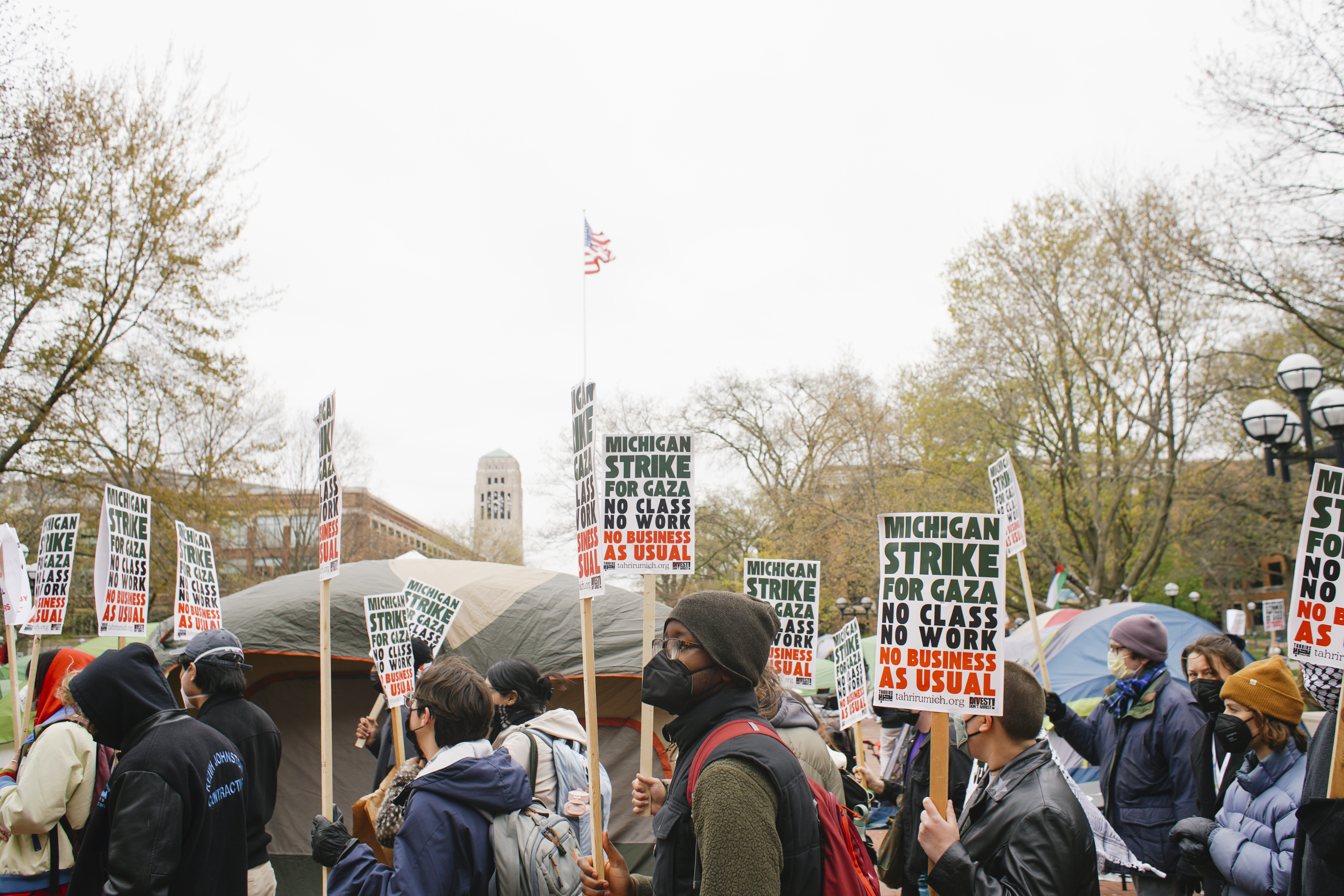 Students protest against Israeli attacks on Gaza as they set up an encampment on the grounds of the University of Michigan, in Ann Arbor, Mich. on Wednesday, April 24, 2024.