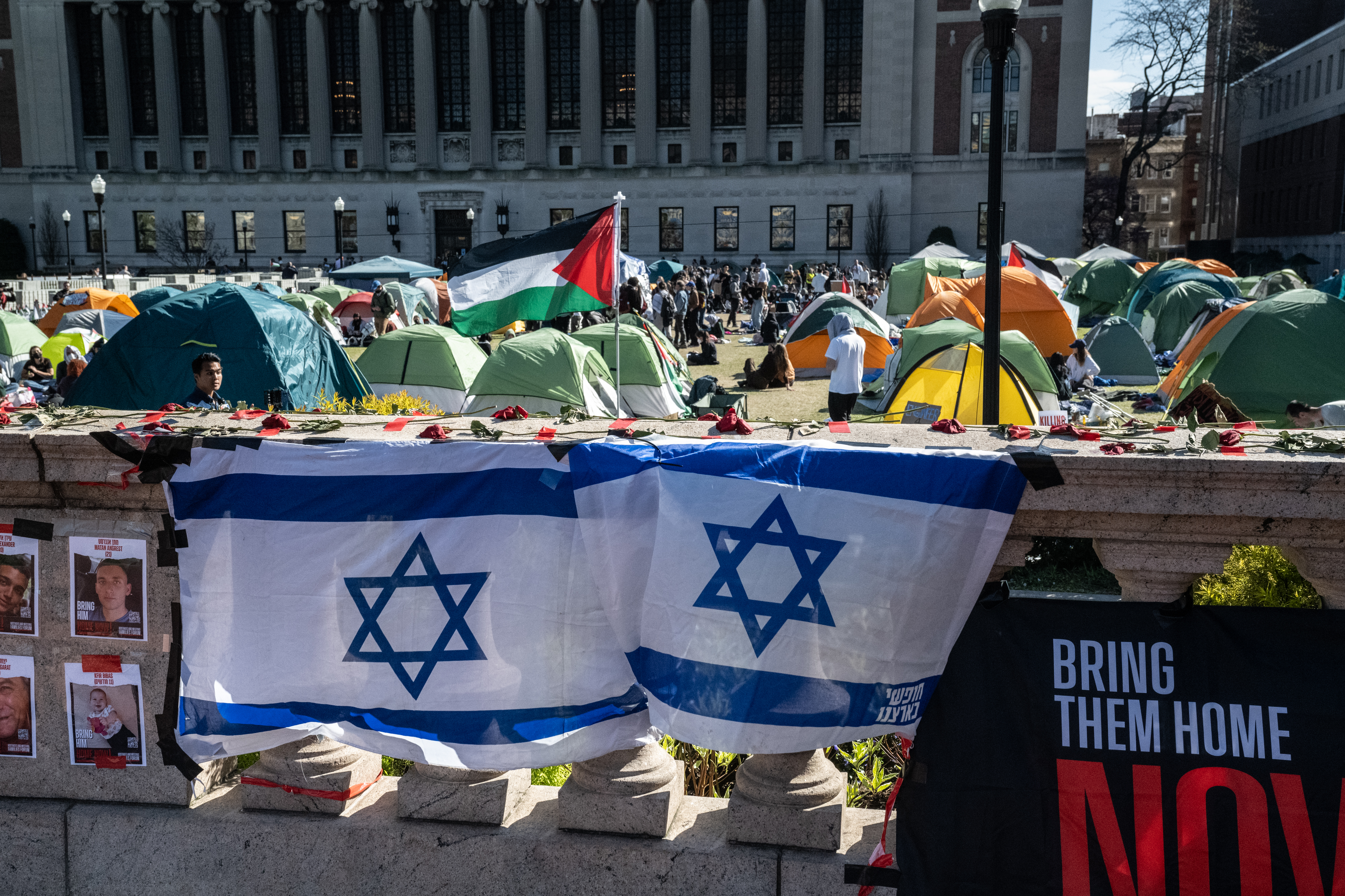 A pro-Israeli protest near Columbia University students participating in a pro-Palestinian encampment on their campus on Thursday, April 25, 2024 in New York.