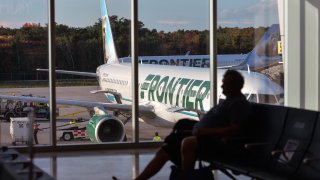 Frontier Airlines plane seen at Cancun International Airport. On Wednesday, December 08, 2021, in Cancun International Airport, Cancun, Quintana Roo, Mexico.