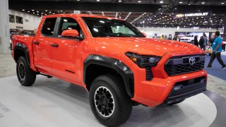 The 2024 Toyota Tacoma truck is shown at the 2023 North American International Detroit Auto Show on September 13, 2023 in Detroit, Michigan. 