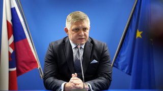 Prime Minister of Slovakia Robert Fico attends a press conference during a Special European Council Meeting on April 18, 2024 in Brussels, Belgium.